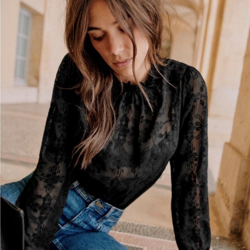 NWT Sezane Valentine Blouse Black Size Large